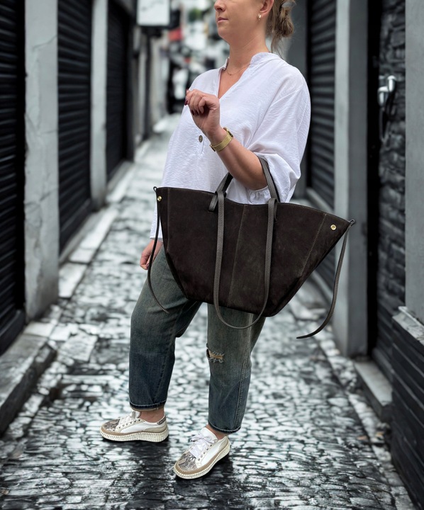 Czekoladowa zamszowa torebka brązowa shopper XL ZAMSZ NATURALNY łódka