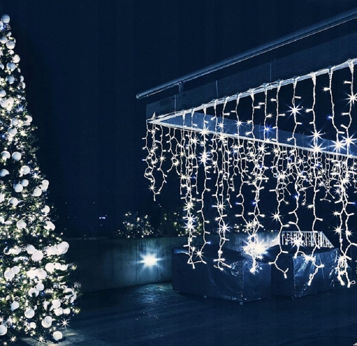 LAMPKI ZEWNĘTRZNE ŚWIĄTECZNE SOPLE 300 LED BIAŁE ZIMNE STAŁE + FLASH 12m