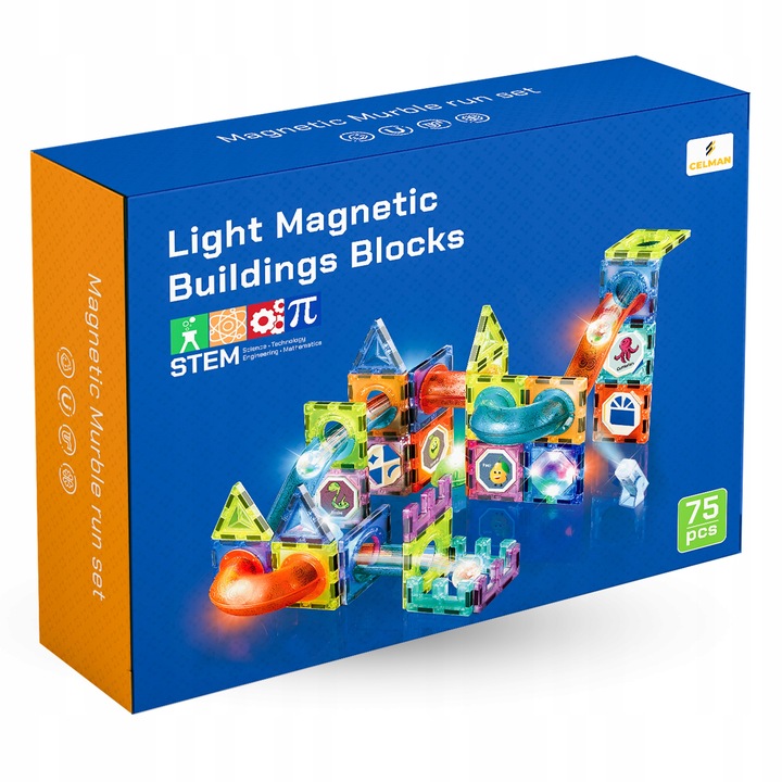 Klocki Magnetyczne Świecące Konstrukcyjne Tor Kulkowy Zestaw 75 elementów