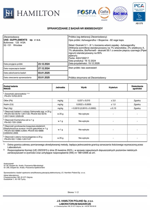 ASHWAGANDHA WITANIA OSPAŁA 570 MG 60 KAPS NA STRES, ADAPTOGEN, WITANOLIDY