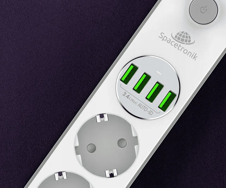 Bezpieczna Listwa Zasilająca Przedłużacz Spacetronik SR-203 4AC 4USB QC 2m