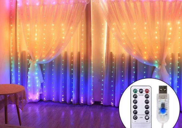 Kurtyna Świetlna LED 3x3 M Lampki świąteczne choinkowe girlanda RGB pilot