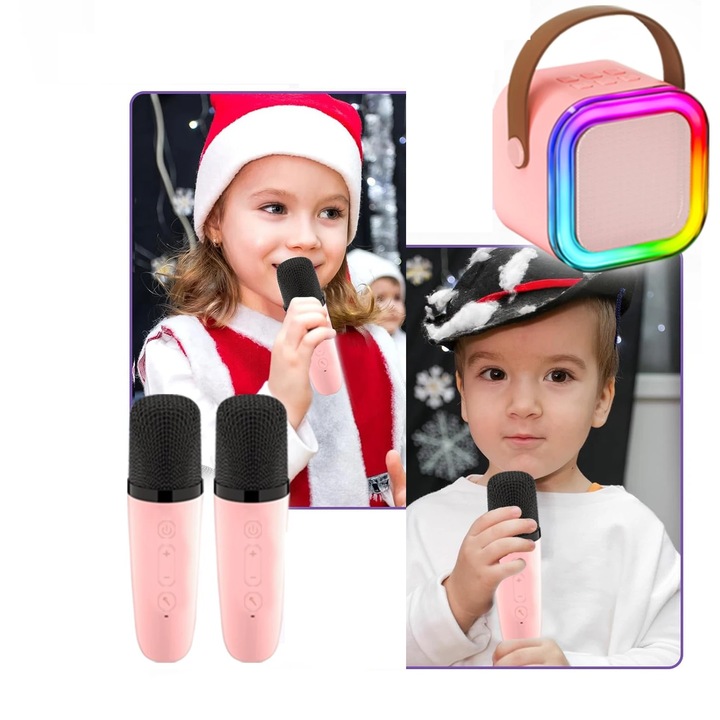 GŁOŚNIK PRZENOŚNY ZESTAW DO KARAOKE RGB BLUETOOTH 2 MIKROFONY USB JACK PINK