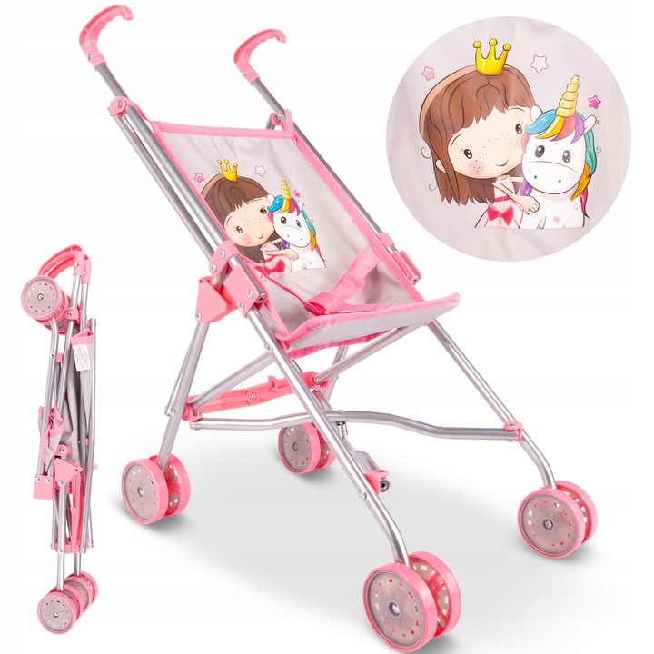 WÓZEK DLA LALEK LEKKI SKŁADANY PARASOLKA SPACERÓWKA JEDNOROŻEC KSIĘŻNICZKA