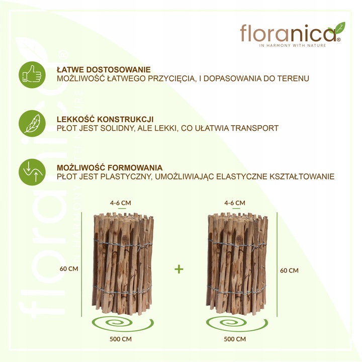 PŁOT DREWNIANY ogrodzenie leszczynowe - dł. 10 m x wys.60cm, rozstaw 4-6 cm