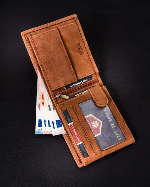 Portfel skórzany męski RFID pojemny na prezent brązowy nubukowy Peterson