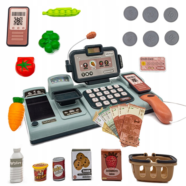 Edukacyjna Sklepowa Kasa Fiskalna Mikrofon Waga Koszyk Czytnik Kodów Monety