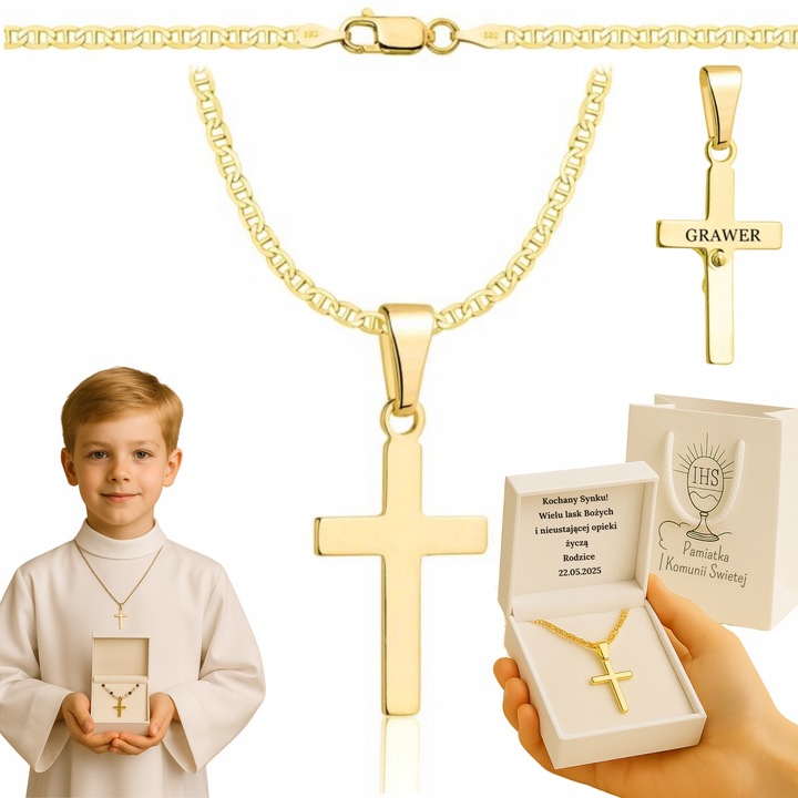 ZŁOTY ŁAŃCUSZEK NA CHRZCINY GUCCI Z KRZYŻYKIEM PR 585 925 + GRAWER GRATIS