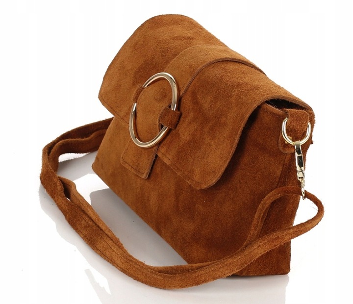 VERA PELLE Cudowna zamszowa brązowa listonoszka na długim pasku S55