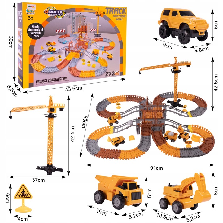 KOLEJKA TOR SAMOCHODOWY ELASTYCZNY 273 ELEMENTY AUTA DŹWIG DLA DZIECI
