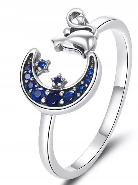 Pierścionek srebrny KSIĘŻYC I KOT regulowany s925 +pudełko