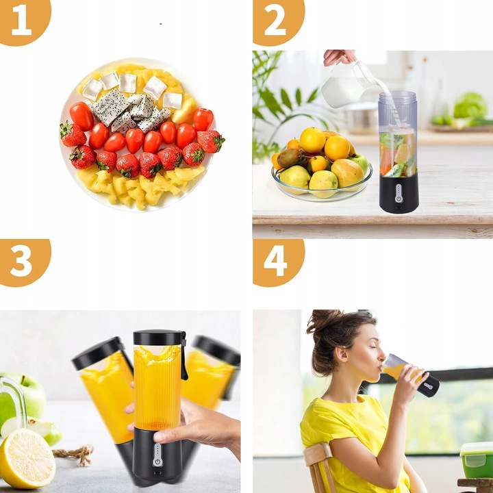 Blender do Koktajli 450ml z 6 Nierdzewnymi Żmijkami i 2000mAh Baterią