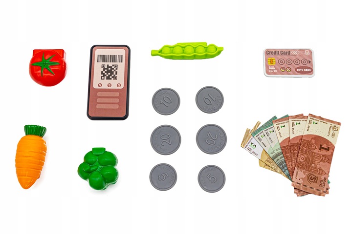 Edukacyjna Sklepowa Kasa Fiskalna Mikrofon Waga Koszyk Czytnik Kodów Monety