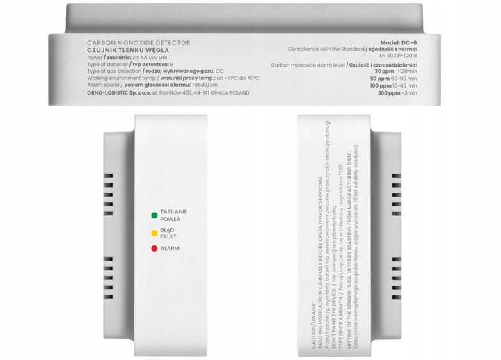 Czujnik Czadu Detektor Tlenku Węgla Czujka CO Termometr 85dB CERTYFIKOWANY