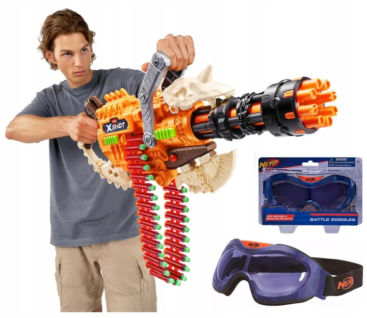 MINIGUN X-SHOT HORRORFIRE DUŻY PISTOLET KARABIN DREAD HAMMER + GOGLE NERF