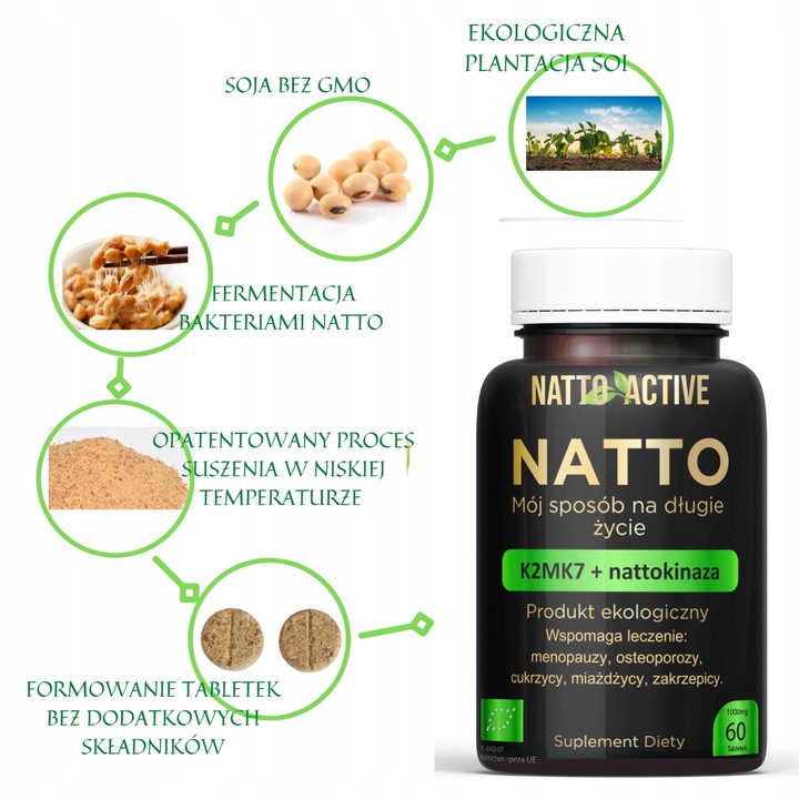 Natto Active witamina K2 MK-7 Nattokinase w 60 ekologicznych tabletkach