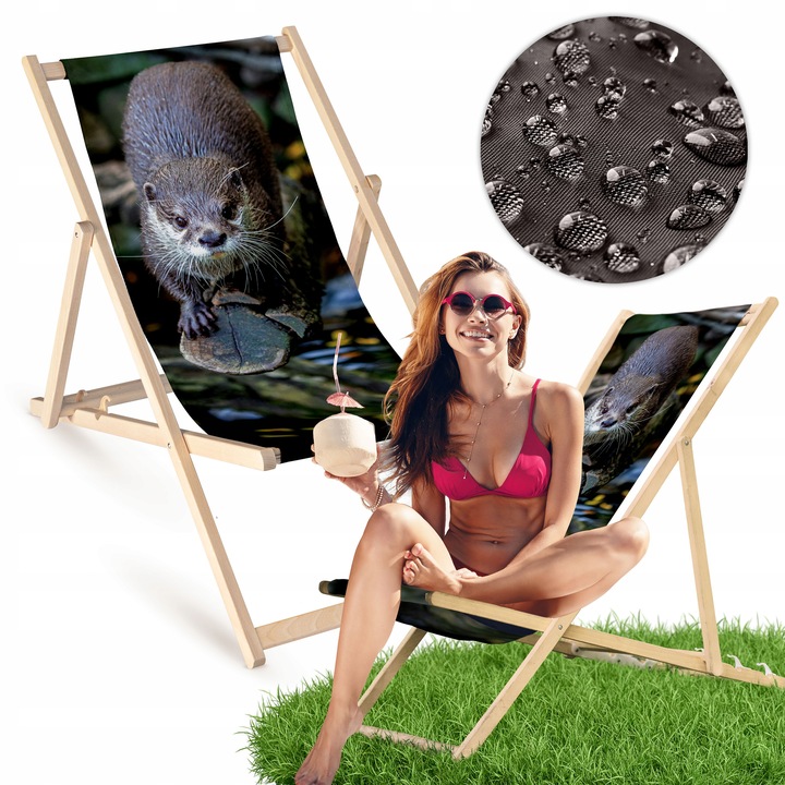 Leżak Drewniany z Nadrukiem WYDRY Ogrodowy Plażowy Bukowy Tarasowy