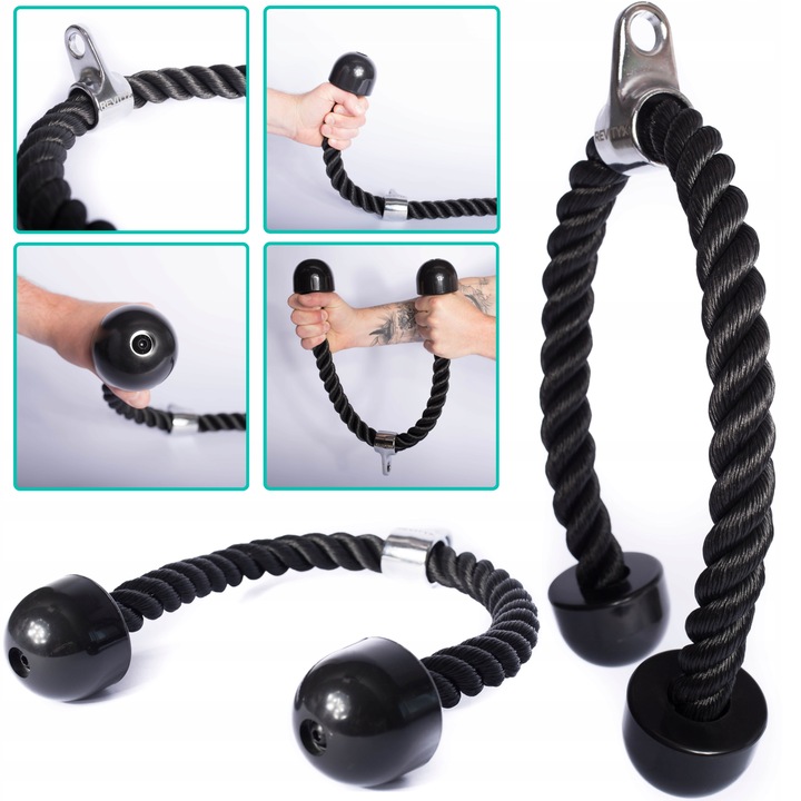 SZNUR UCHWYT DO WYCIĄGU LINA NA TRICEPS MASYWNA I SOLIDNA Z KARABIŃCZYKIEM