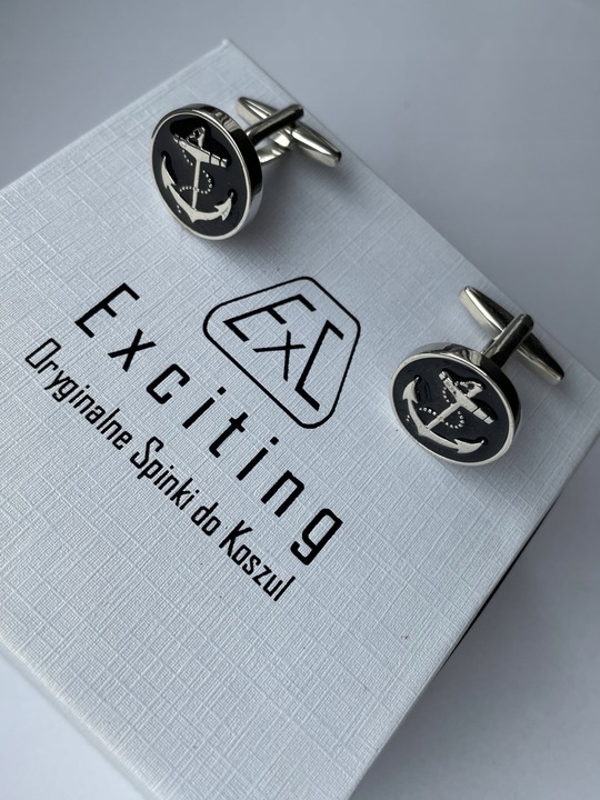 Męskie srebrne spinki do mankietów EXC Kotwica Żeglarskie Czarne Kotwice