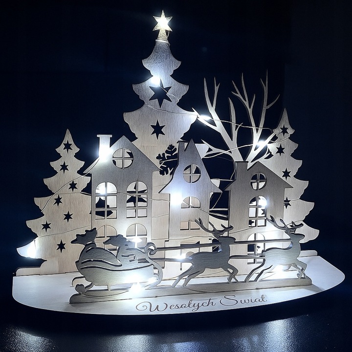 Miasteczko ze sklejki, ozdoba świąteczna, Boże Narodzenie, LED, grawer