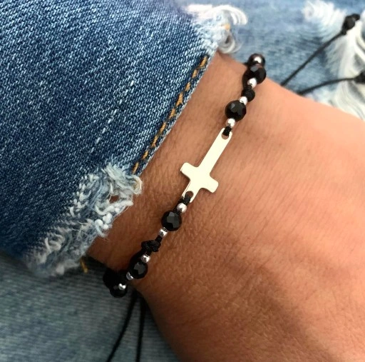 Dziesiątka różańca bransoletka RÓŻANIEC srebro onyks GRAWER TWÓJ TEKST