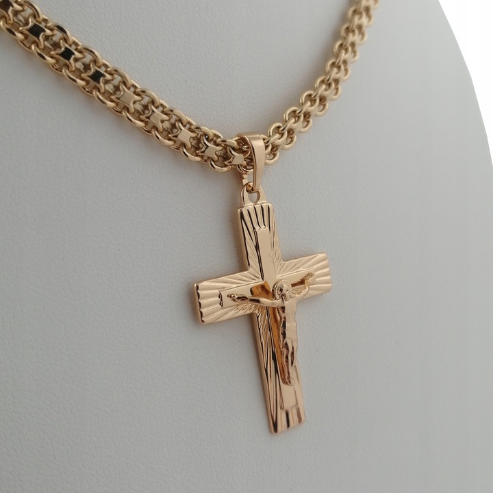 ZŁOTY ŁAŃCUSZEK BISMARK 50CM 5MM Z KRZYŻYKIEM STAL CHIRURGICZNA 18K PREZENT
