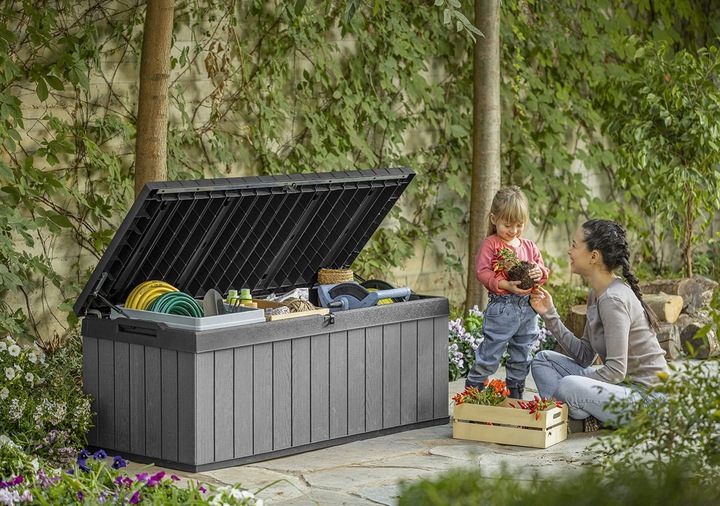 Skrzynia ogrodowa DARWIN BOX 380L można siadać Pojemna Schowek na Balkon