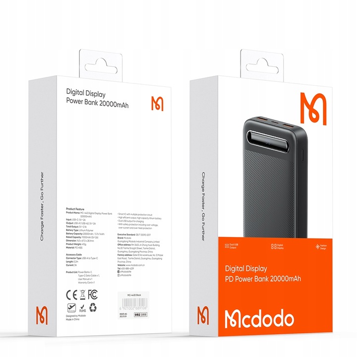 MCDODO POWERBANK 20000MAH Z WYŚWIETLACZEM 2X USB USB-C 2A 10W + KABEL USB-C