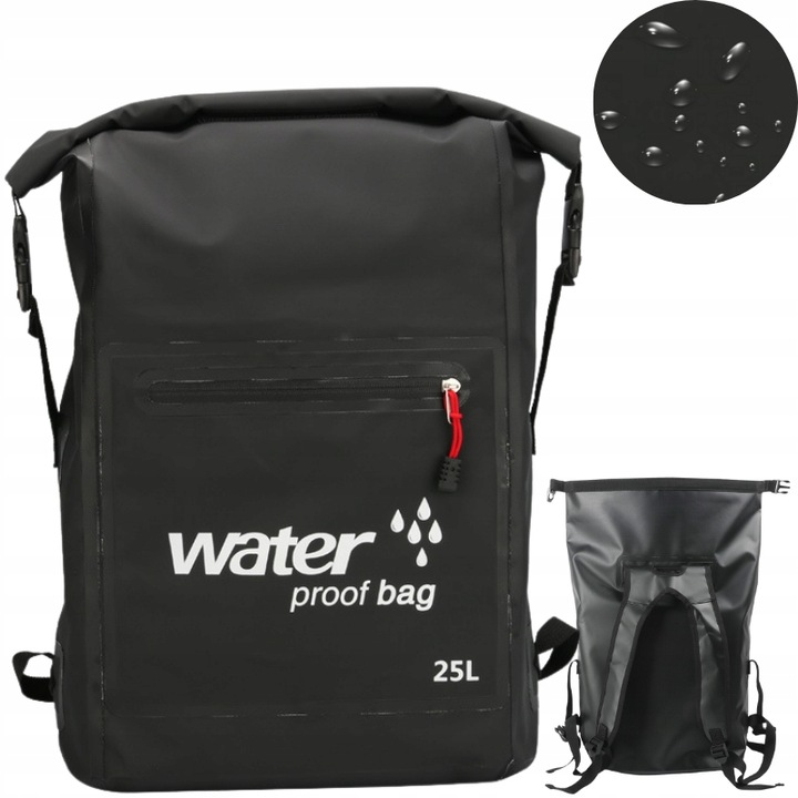 WODOSZCZELNY PLECAK TORBA WOREK WODOOPORNY 25L PODRÓŻNY TURYSTYCZNY CZARNY