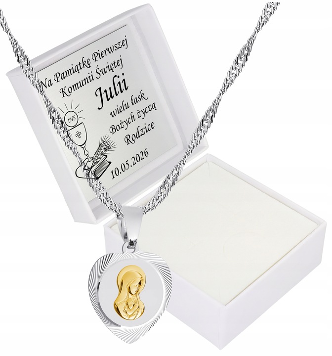 Medalik Komunijny Łańcuszek Srebrny Matka Boska Serce do Komunii do Chrztu