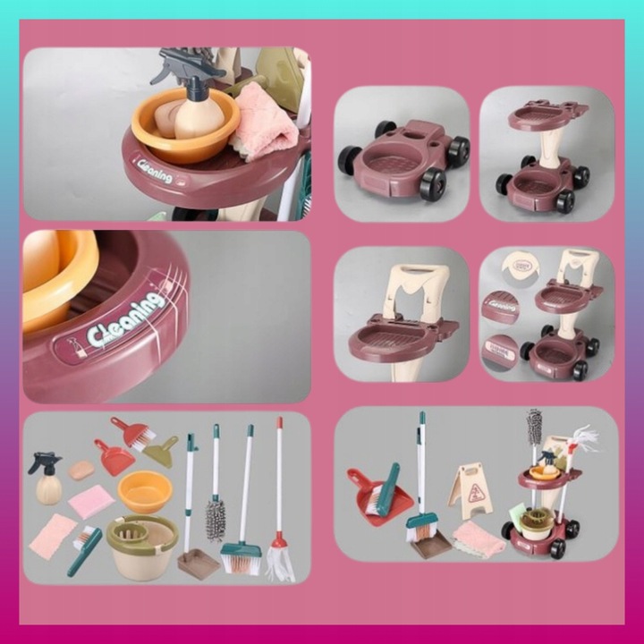 Duży DZIECIĘCY ZESTAW DO SPRZĄTANIA Wózek Mop Miotła Dla dzieci