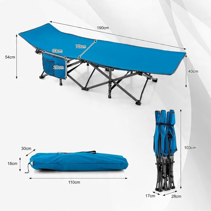 Składane łóżko polowe z ściętym zagłówkiem i boczną kieszenią niebieskie