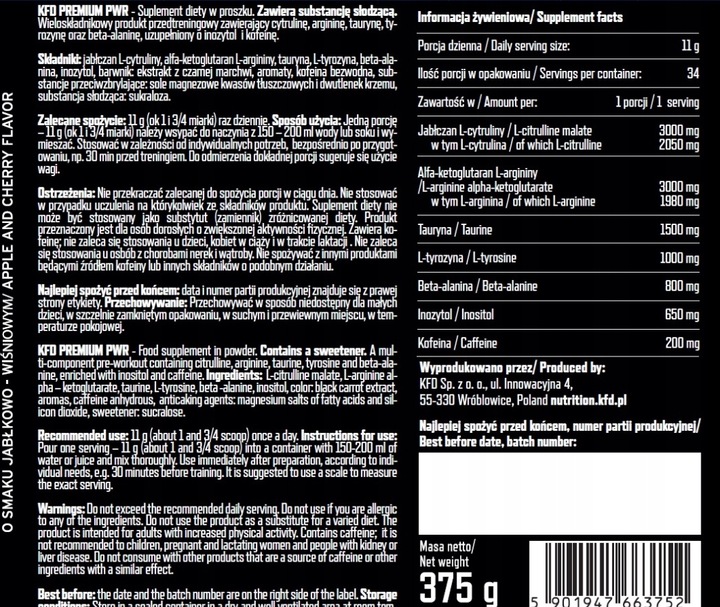 KFD PRE-WORKOUT - PRZEDTRENINGÓWKA - 375 g