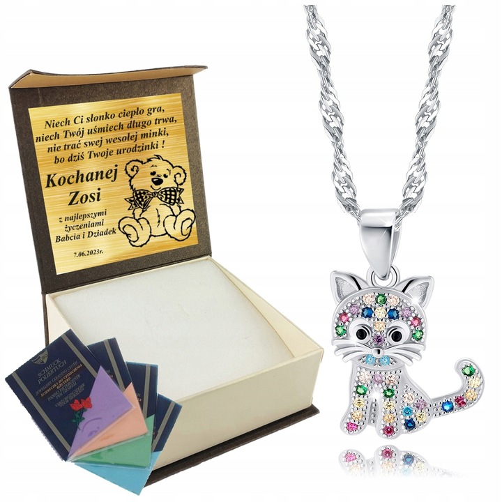 Srebrny Łańcuszek z Kotkiem Srebro 925 Grawer + PREZENT GRATIS