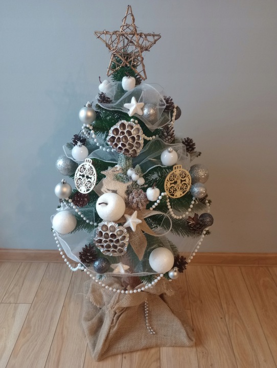 Choinka NA PNIU ubrana Z DEKORACJĄ ozdobami ubrana 100 cm z lampkami LED