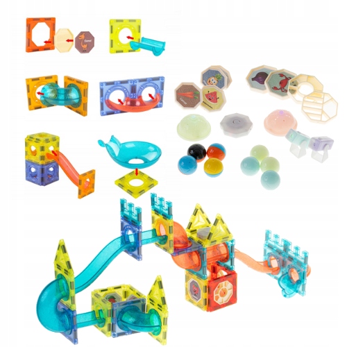 Klocki MAGNETYCZNE KONSTRUKCYJNE Tor kulkowy ŚWIECĄCY 110 el Zestaw dziecko