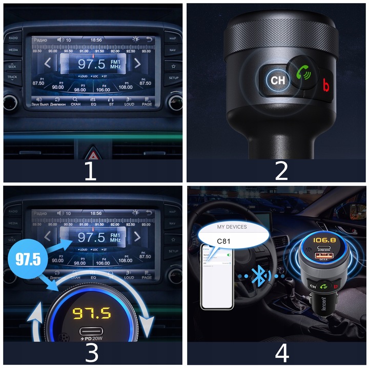 TRANSMITER FM BLUETOOTH 5.1 USB SZYBKA ŁADOWARKA QC 18W/PD 24W 12/24V BASS