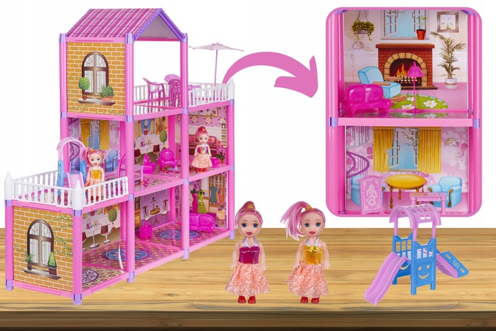 Domek dla Lalek 2 Laleczki 3 Piętra Mebelki Do Zestawu Dla Dzieci Akcesoria