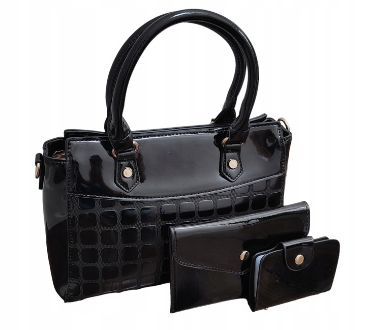 Torebka CZARNA Zestaw 3w1 Damska KLASYCZNA Lakierowana Prezent