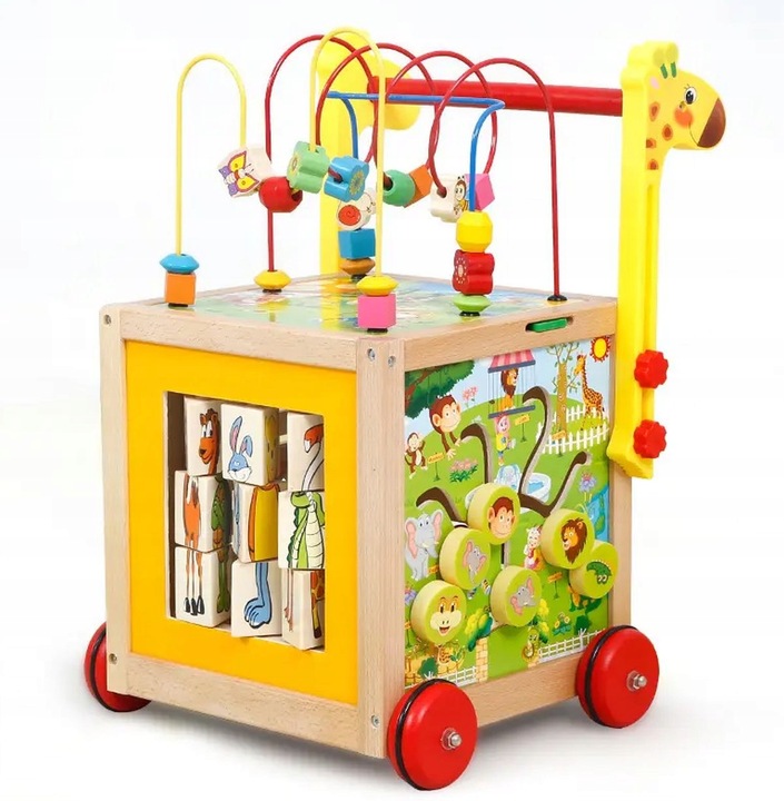 DUŻY DREWNIANY CHODZIK PCHACZ KOSTKA EDUKACYJNA 7w1 MONTESSORI + MULA