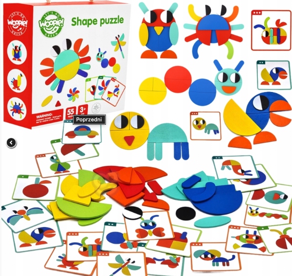 Drewniana Układanka Klocki GRA Karty Zadania EDU 40 Wzorów 50 Elementów