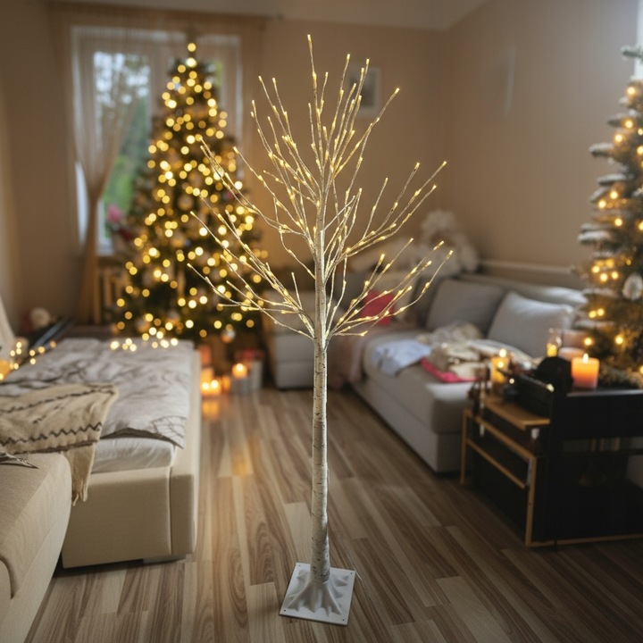 Drzewko Świąteczne Ozdobne Świecące LED BRZOZA 150 cm Lampki Białe Ciepłe