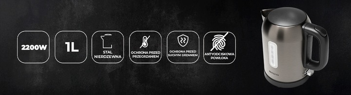 CZAJNIK ZE STALI NIERDZEWNEJ 1L 2200W ROTACJA 360 AIWA AKT-1000 RYUJIN