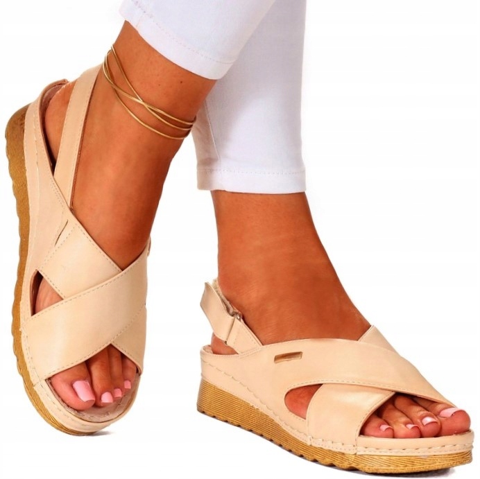 SANDAŁY DAMSKIE POLSKIE SKÓRA NISKI KOTURN RZEP