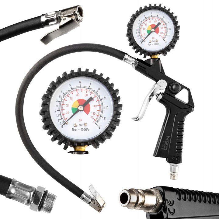 NEO PISTOLET DO POMPOWANIA KÓŁ Z MANOMETREM 0-12 BAR ZACZEP + WĘŻYK 14-714