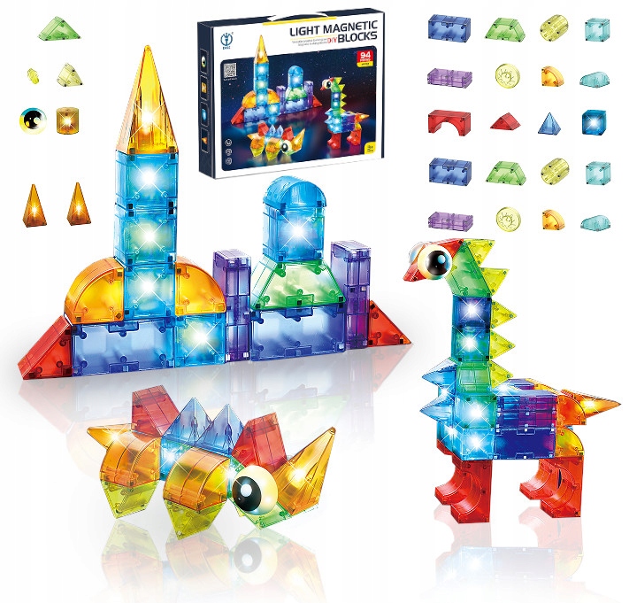 KLOCKI MAGNETYCZNE ŚWIECĄCE KONSTRUKCYJNE Kreatywne Edukacyjne 94 el 3D