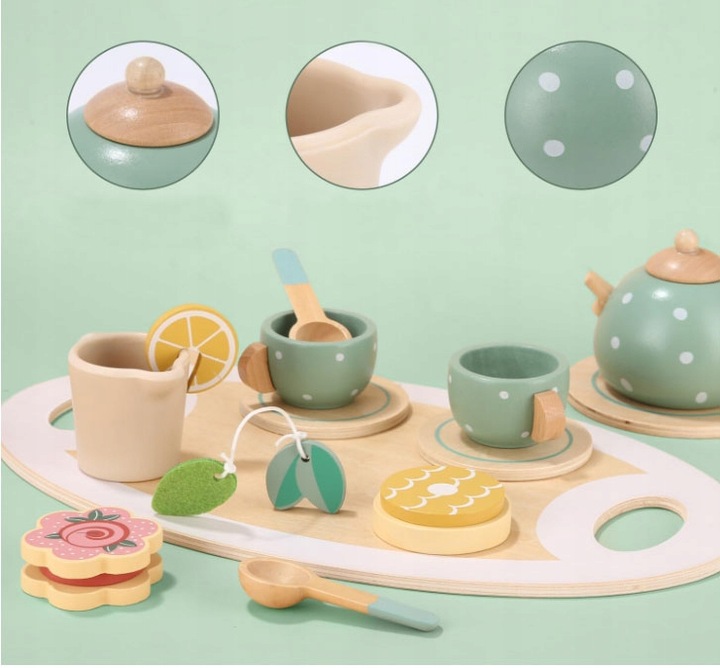 Drewniany Serwis dla Dzieci do Herbaty Kawy Zestaw Kawowy Filiżanki Zastawa