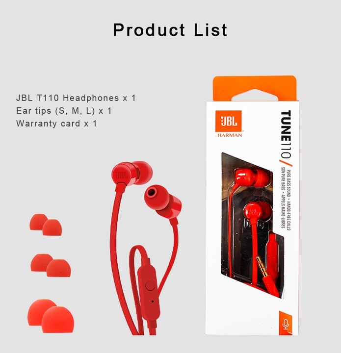 Słuchawki dokanałowe JBL T110 z mikrofonem BAS