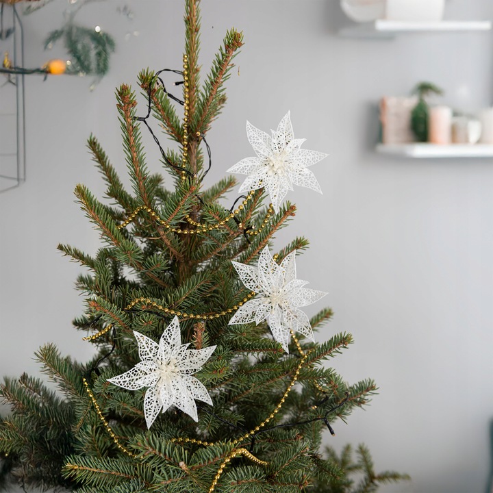 OZDOBY ŚWIĄTECZNE NA CHOINKĘ KWIAT Z KLIPSEM BIAŁY z brokatem