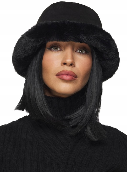CZAPKA DAMSKA zimowa ciepła z futrem futrzana eko zamsz bucket czarna